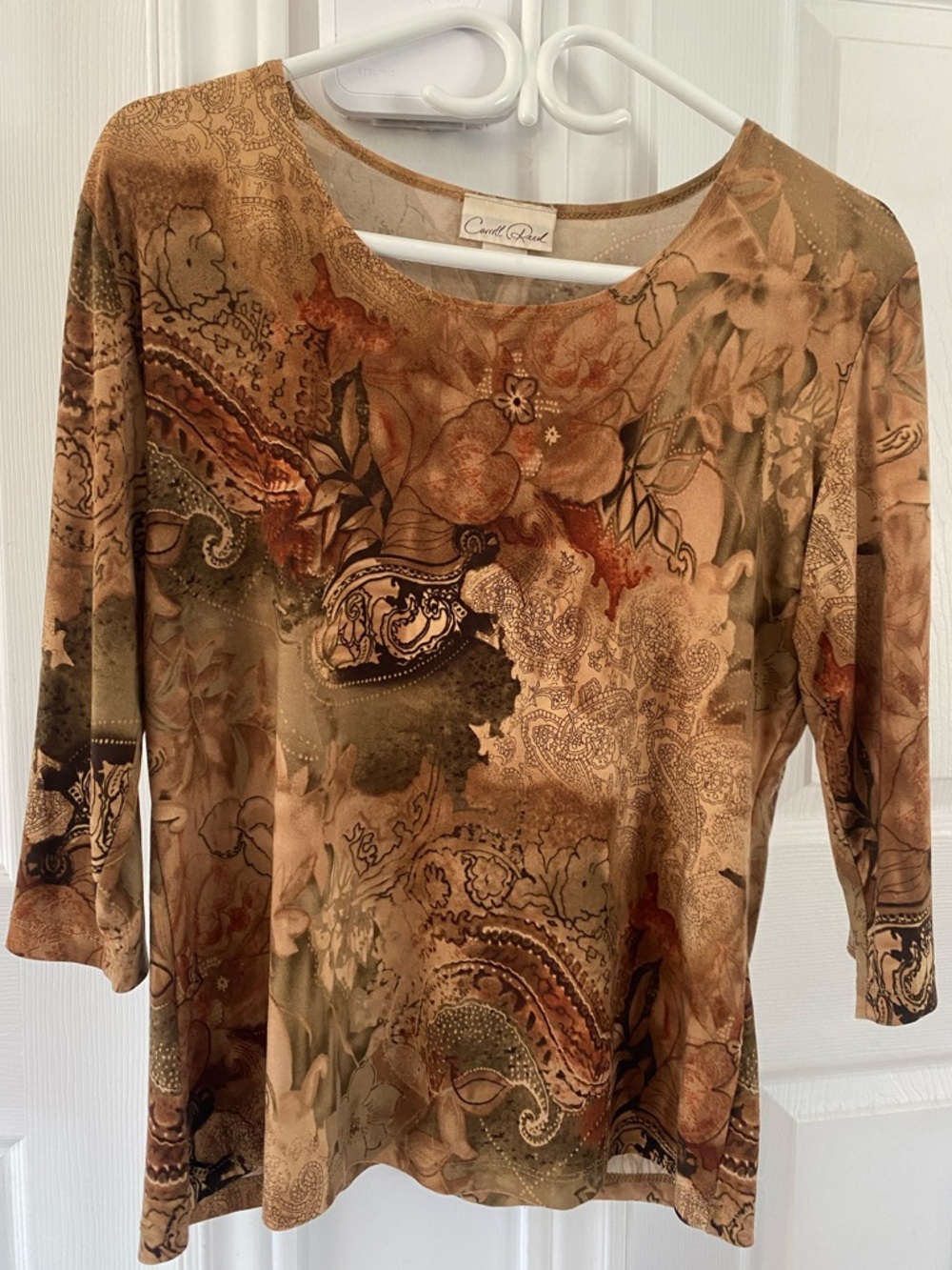 Carol Rose Brown Tan Paisley Floral Scoop Neck Blouse